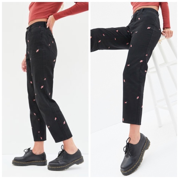 PacSun Rose Embroidered Black High Waisted Straight Leg Jeans - Picture 2 of 13